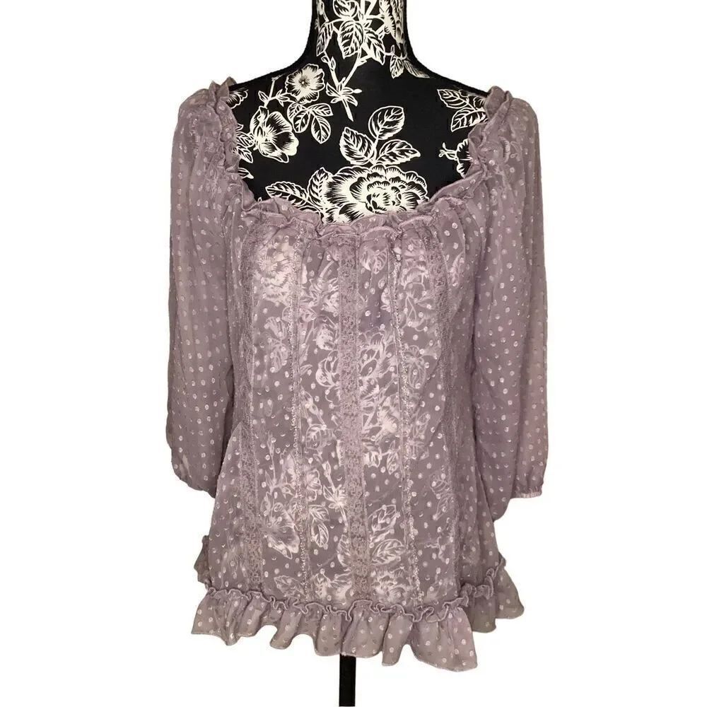 Studio Y Semi Sheer Knit Top Boho Bohemian Polkadot Preppy